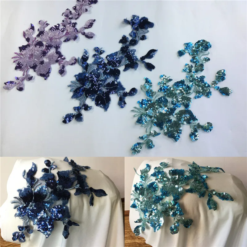 3Pc Sequin Flower Floral Venice Venise Glitter Lace Applique Sewing Trims Patch Wedding Decoration DIY Craft 30X15cm Navy Purple