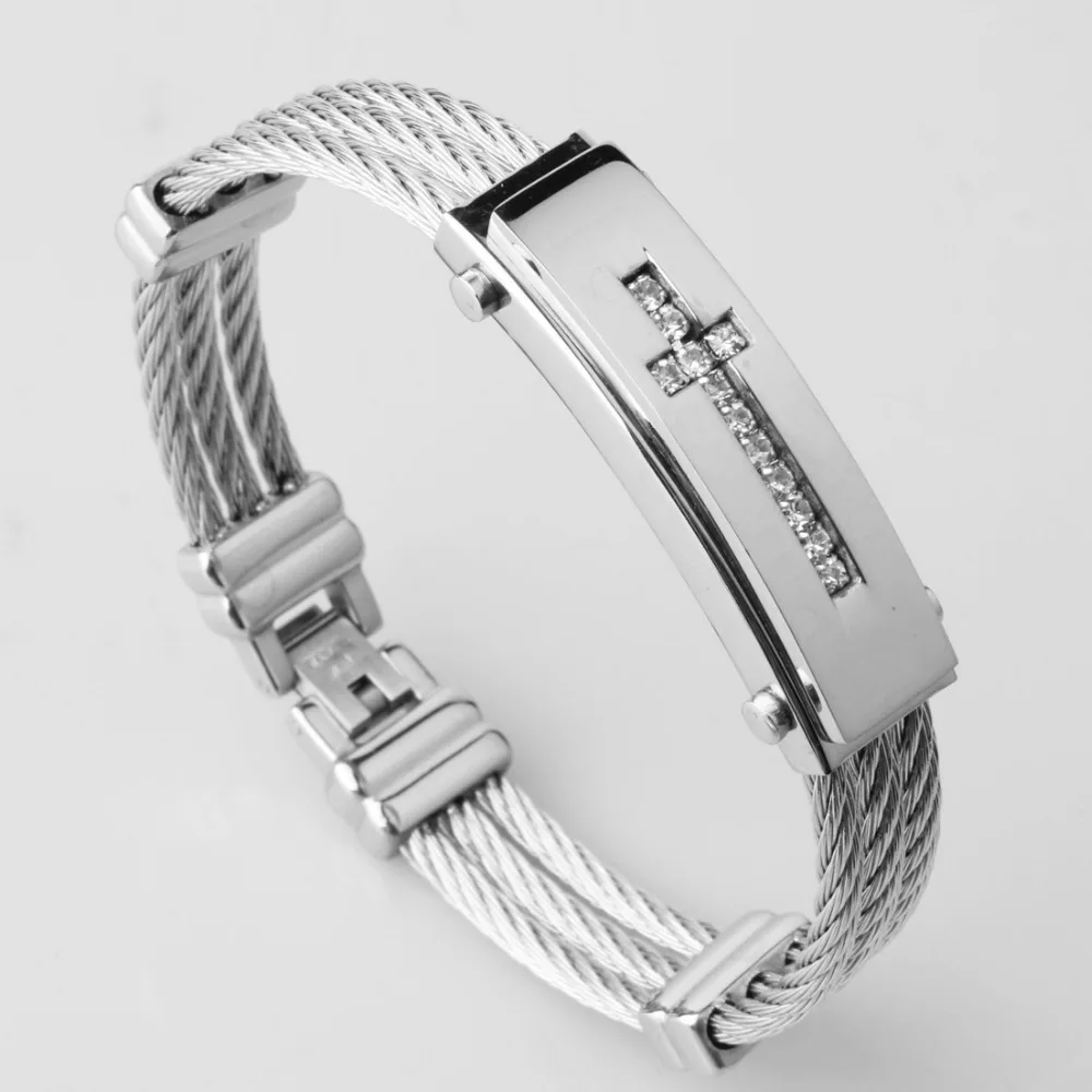 Charms Rhinestone Stainless Steel Silver Color Cross 3 Rows Cable Wire Rope Chain Cuff Bangle Bracelet Men Women Jewelry 7.28