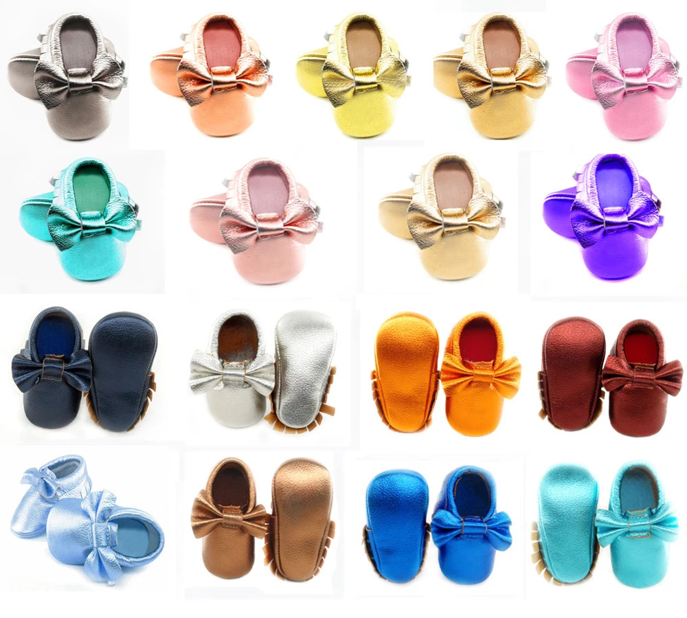 New Shine Pink Genuine Leather Baby moccasins bow First Walkers Soft Rose gold Baby girl shoes infant Fringe boys Shoes