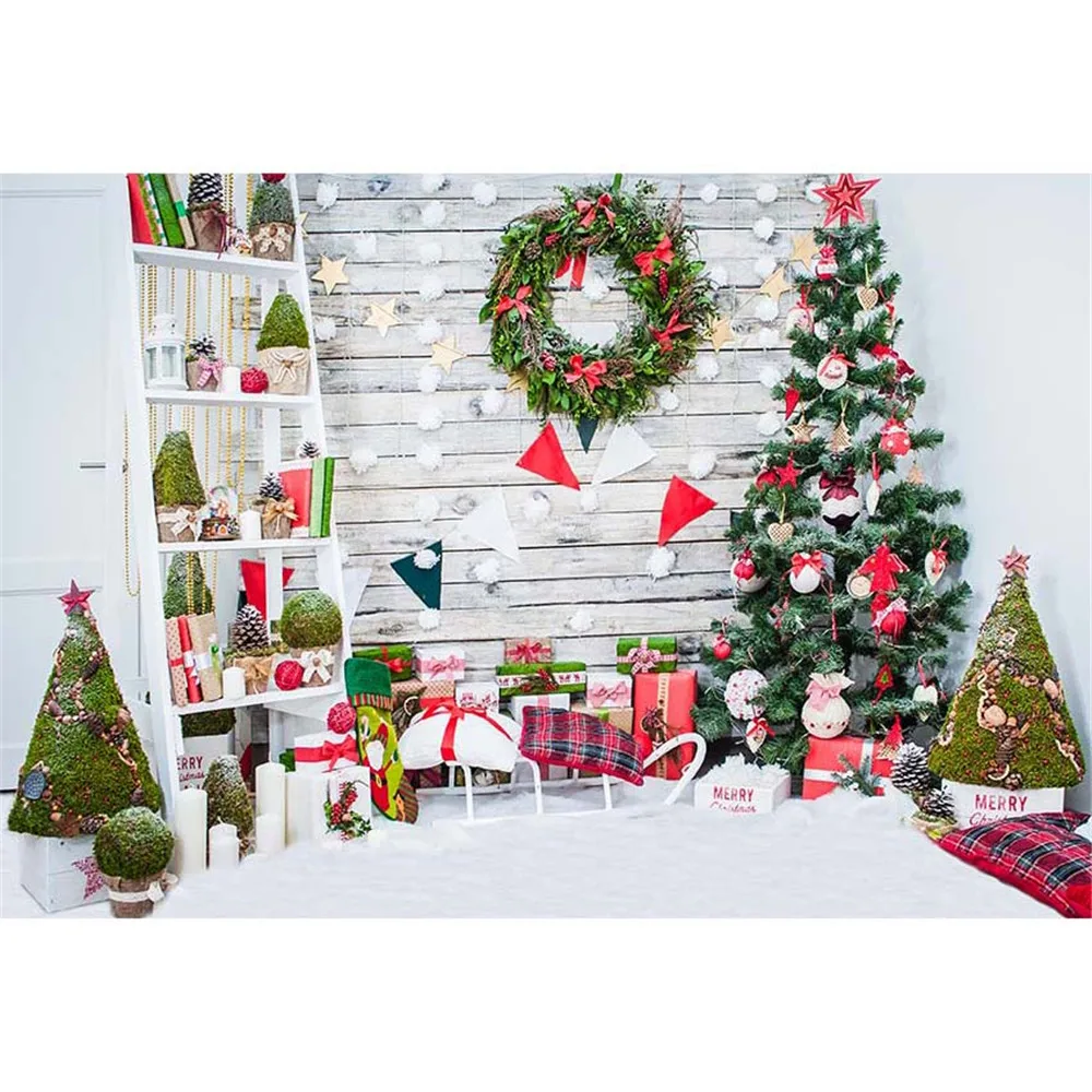 

Newborn Baby Shower Backdrop Christmas Tree Printed Home Decorations Wood Wall Garland Kids Xmas Party Photo Booth Background