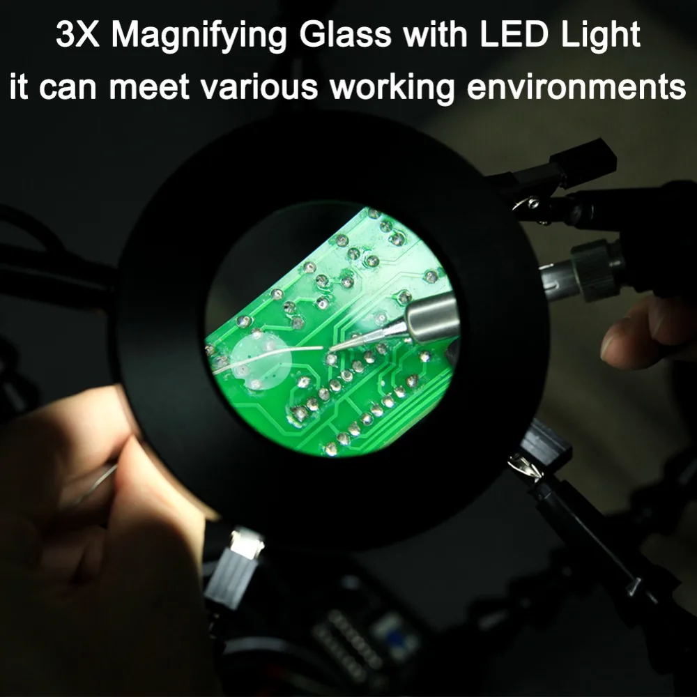 NEWACALOX USB LED 3X Glasses Magnifier Lamp DIY Soldering Third Hand 4pc Flexible Arms Welding Helping Stand Repair Holder Tool