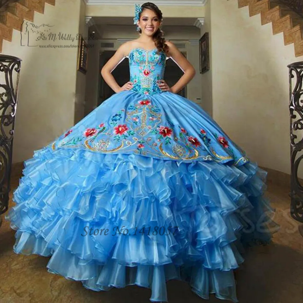 

Vestidos de Debutante Para 15 anos Royal Blue Quinceanera Dresses Embroidery Puffy Organza Ruffles Sweet 16 Masquerade Ball Gown