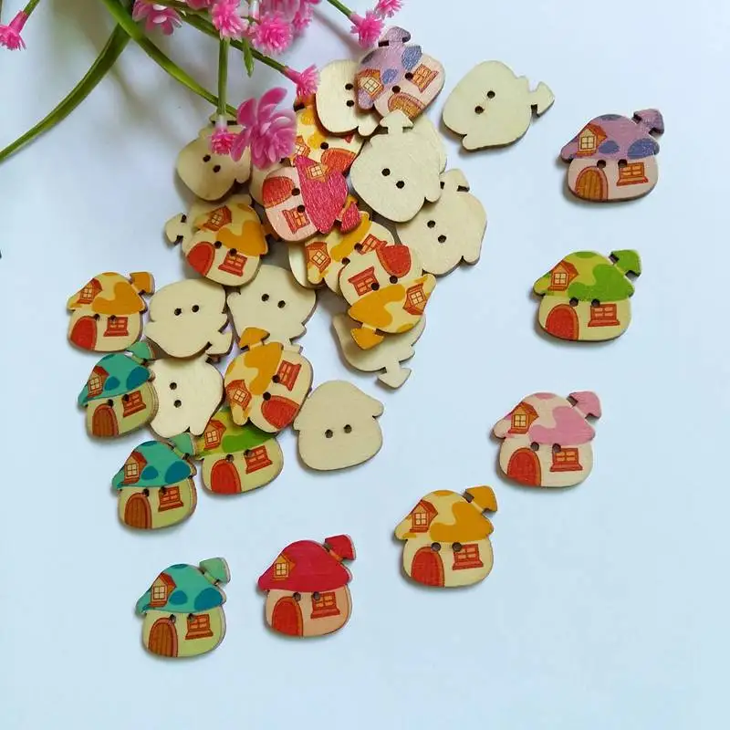 50PCs Cartoon house Wooden Buttons Two-hole Fit Decorative DIY Scrapbooking Random Mixed Sewing Accessories