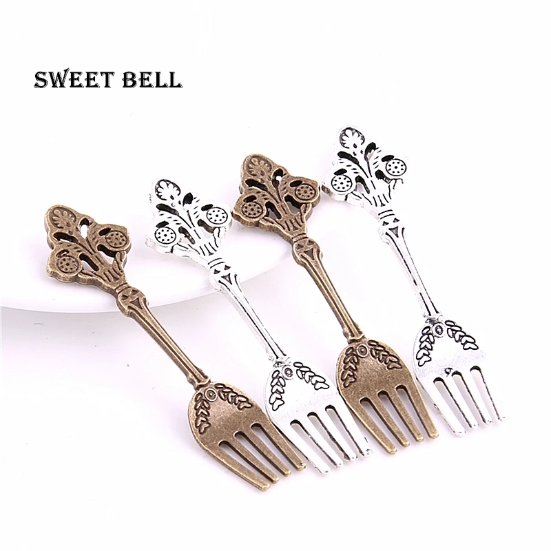 

SWEET BELL 20pcs 12*63mm fork Charms two color fork Pendants Antique Jewelry Making DIY Handmade Craft D6144