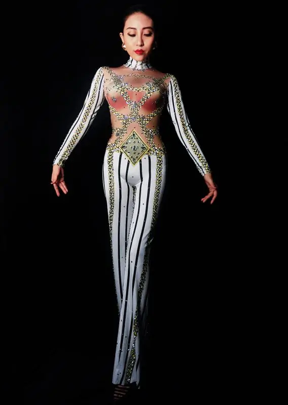 Berkilau Rhinestones Stripe Dicetak Jumpsuit Longgar Celana Penyanyi wanita Bodysuit Seksi Klub Malam perempuan Partai Tahap Tampilkan Pakaian