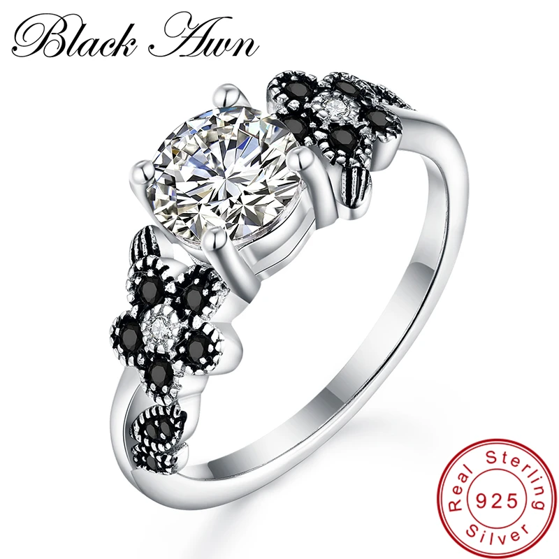 

[BLACK AWN] 3.7g 925 Sterling Silver Fine Jewelry Trendy Flower Black Spinel Engagement Rings for Women Wedding Ring Bague C281