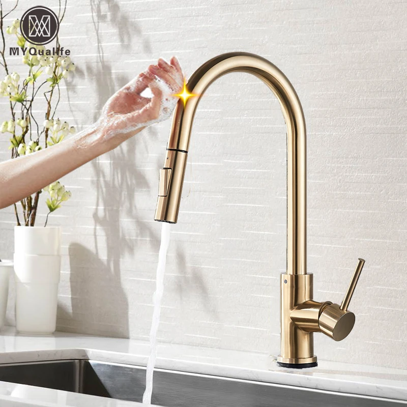 Pull Out Sensor Gold Kitchen Faucet  Sensitive Touch Control Faucet Mixer For Kitchen Touch Sensor Kitchen Mixer Tap