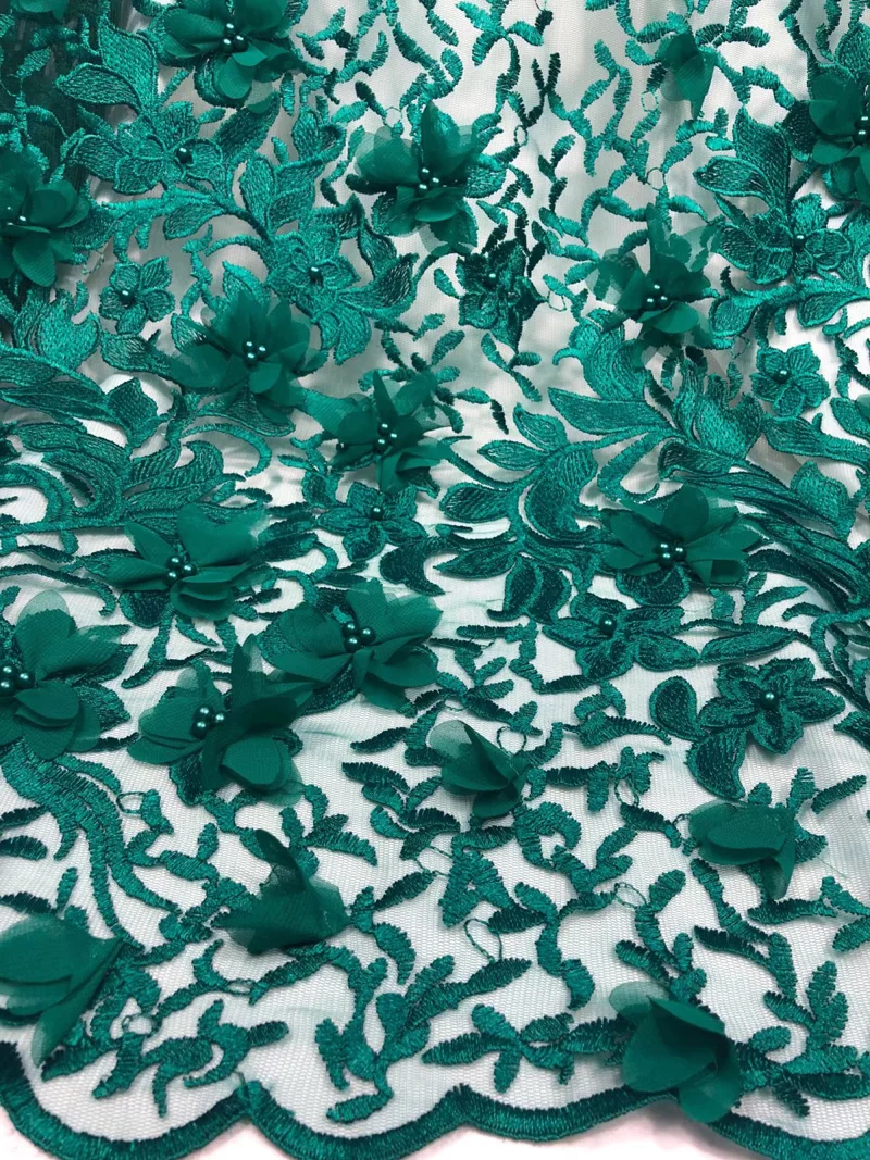 

(5yards/pc) high quality emerald green African tulle lace fabric French net lace fabric with embroidery and 3d flowers FL3952