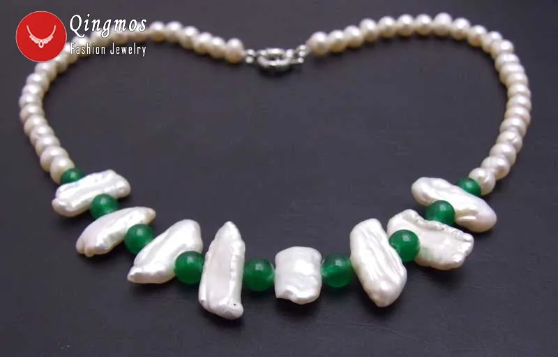 Qingmos Natural Pearl Necklace for Women with 6-7mm Round &12-15mm Biwa Pearl & 6mm Green Jades Necklace Jewelry 17'' Nec6128