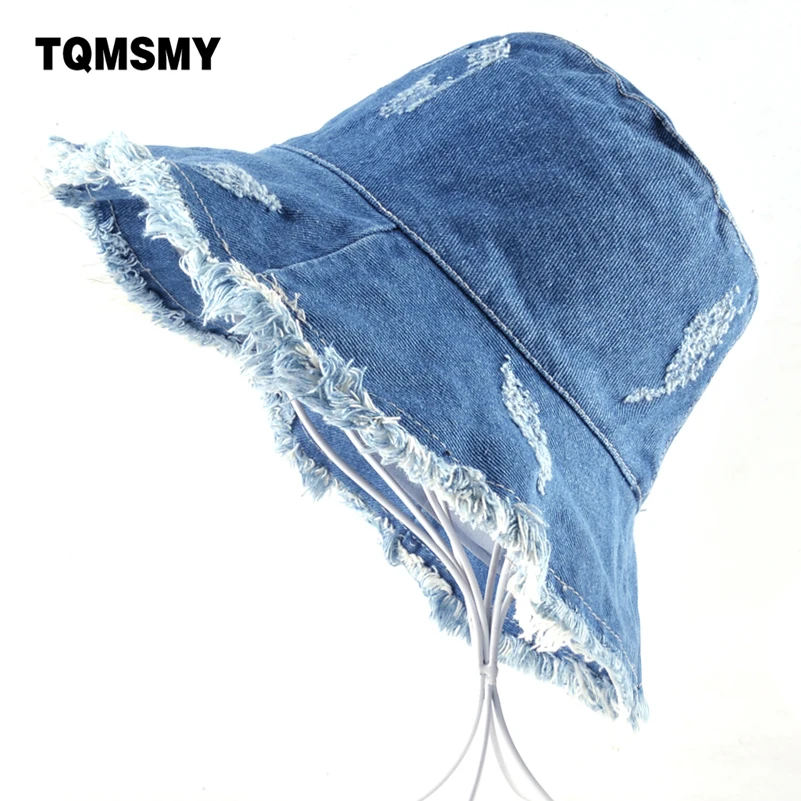 TQMSMY Summer Sun hats for women Fisherman cap women's Washed denim Bucket Hat Ladies Wide Brim tassel Beach caps cotton bone