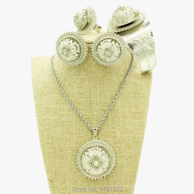 2017 Big Size Ethiopian jewelry sets Silver Plated Pendant/Necklace/Earrings/Ring/Bangle African/Ethiopian Women Bridal Wedding