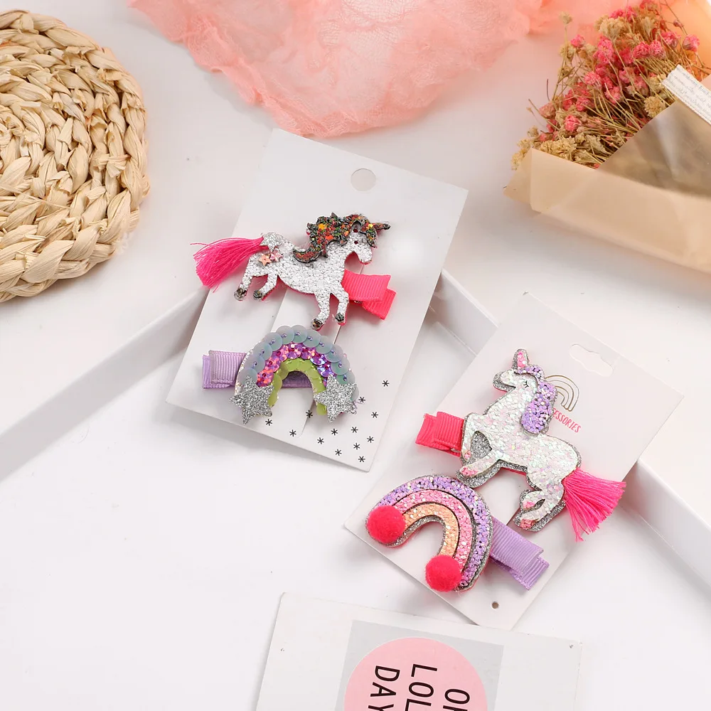 Boutique 15Sets Fashion Cute Glitter Unicorn Snap Clips Elephant Sheep Pom Pom Sequin Rainbow Hairpins Princess Hair Accessories