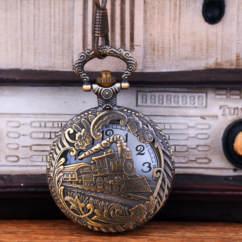 

Large bronze engraved hollow locomotive quartz pocket watch manufacturers wholesale retro nostalgia pocket watch 9038