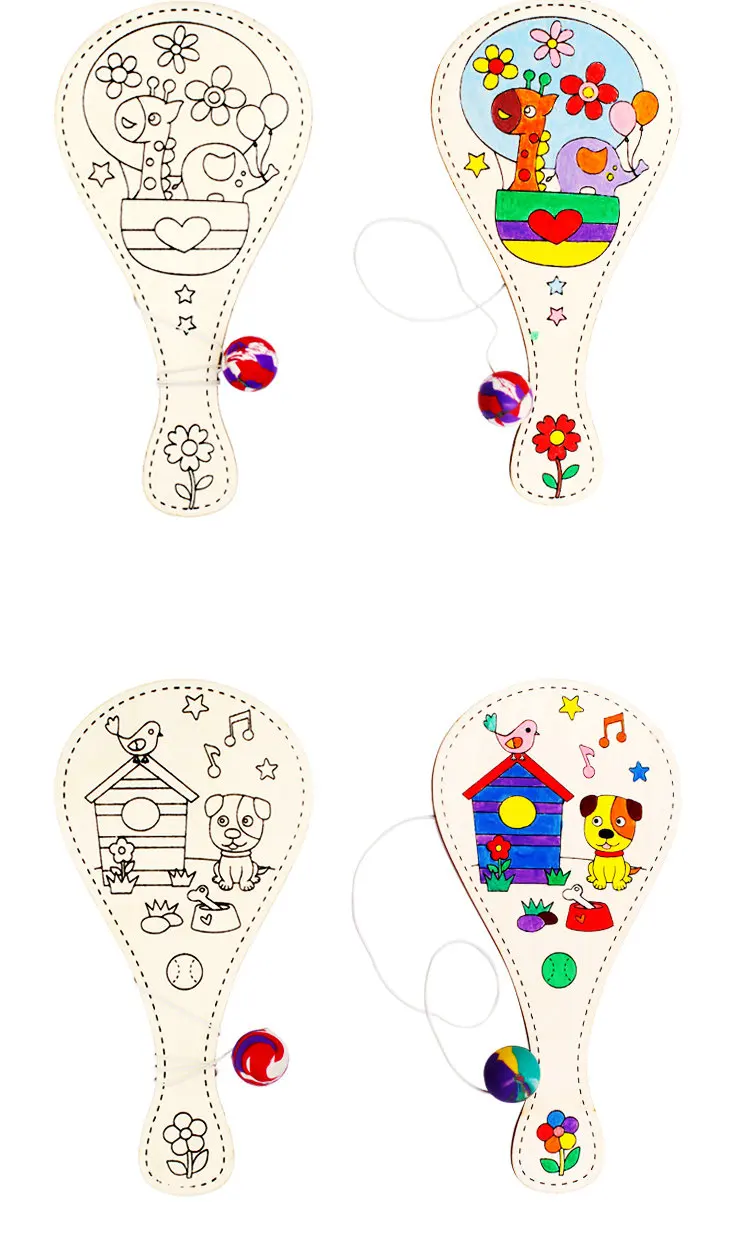 6ชิ้น/LOT.6การออกแบบสีเสร็จไม้การ์ตูนเด้งลูกแร็กเกต,การสร้างของคุณเอง,การวาดภาพของเล่นอนุบาลเกมศิลปะหัตถกรรม