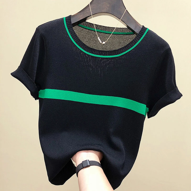 shintimes Thin Knitted T Shirt Women Clothes New Summer Woman Short Sleeve Tees Tops Striped Casual T-Shirt Female Tshirt Femme