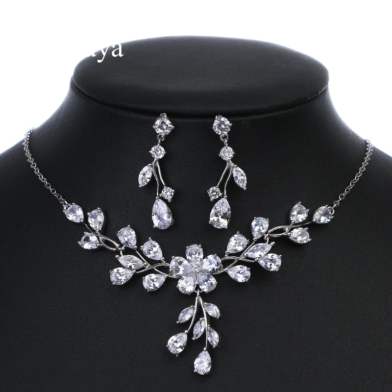 Emmaya Brand Luxury Plant Cubic Zircon Water Drop Pendant Crystal Earrings Necklace Set For Women Popular Bride Jewelry Gift