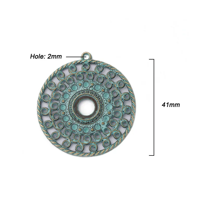 5pcs Verdigris Patina  Carve Hollow Round Charms Pendants 10mm bezel blank For Handmade Necklace Jewelry Findings Making