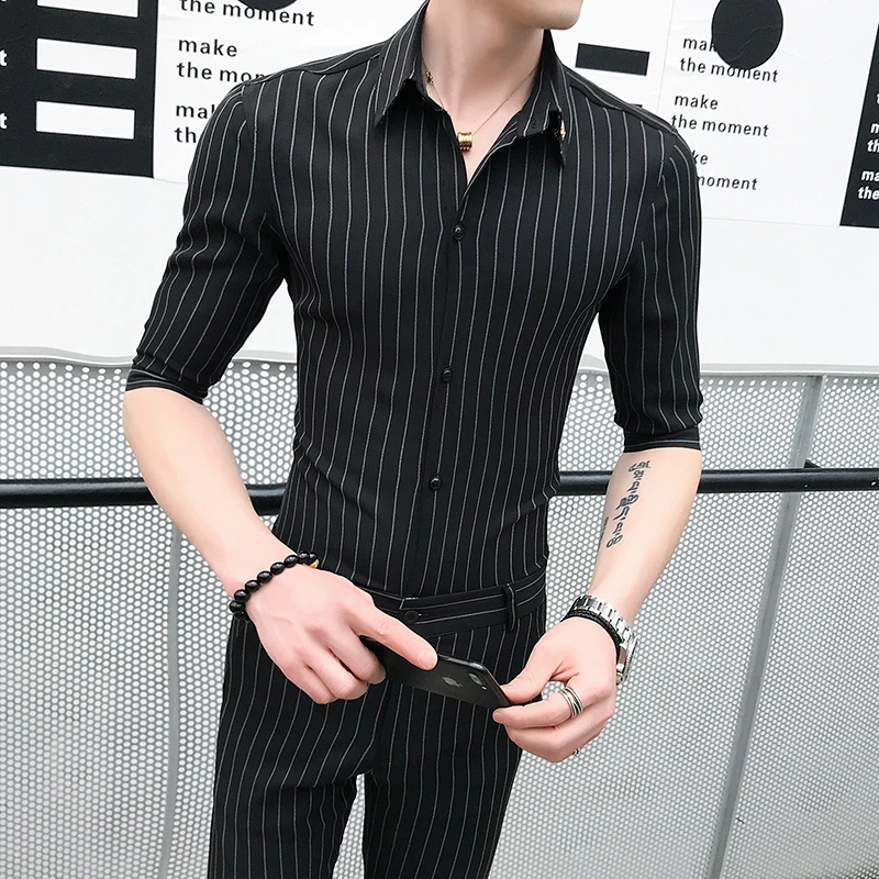 Striped Shirts Pants 2019 Summer  2 Pcs Sets Social Mens Clothing Mens Office Dress Black Ensemble Hommes White Smocking Elegant