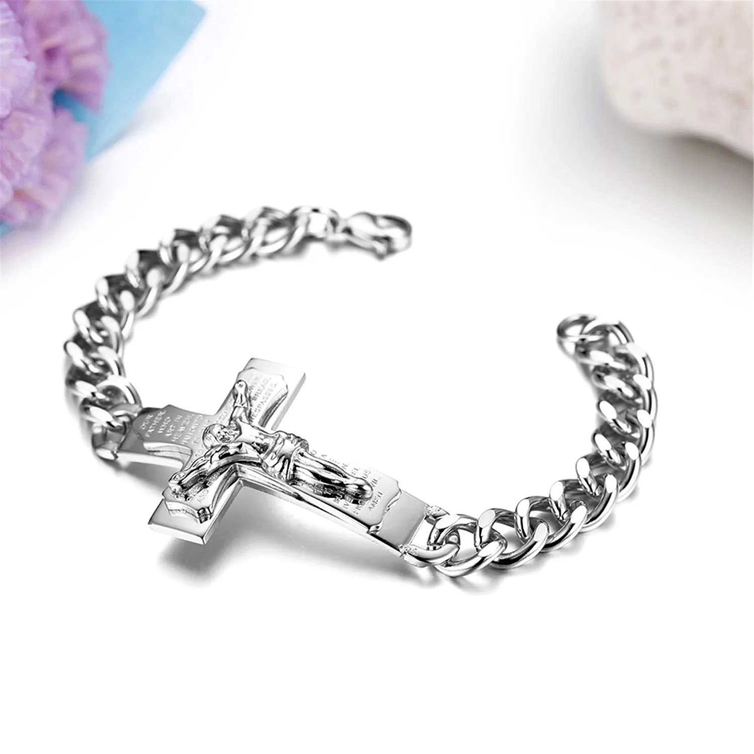 BONISKISS Men Stianless Steel Jesus Cross Crucifix Bible Verse Curb Chain Cuff Bangle Bracelet Jewelry Jonc Bijoux Dropshipping