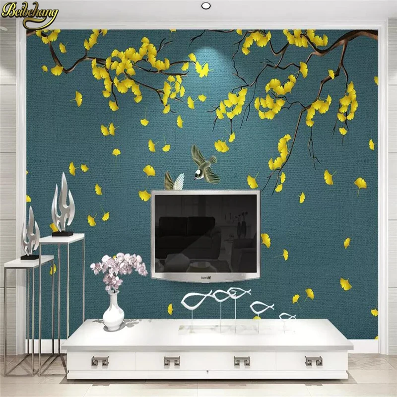 beibehang Custom photo 3D wallpaper mural ginkgo hand-painted pen flower bird new Chinese background wall decoration painting