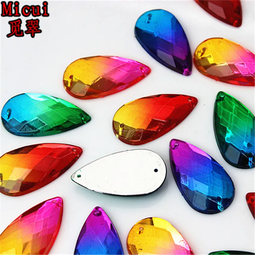 Micui 30pc 16*30mm Double Color Acrylic Rhinestone Crystal Big Drop Shape Sew On Rsilver Base Flatback With 2 Holes ZZ97