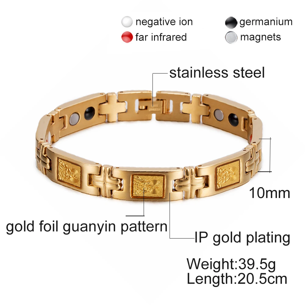 Vinterly Lucky Magnetic Bracelet Men Wrist Band Gold-color Foil Guanyin Bodhisattva Buddha Germanium Jewelry for Women Male