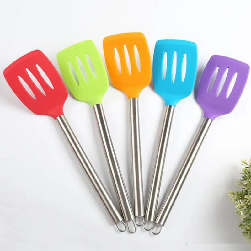 50pcs Stainless Steel Handle Food Grade Silicone Cooking Turner Non-Stick Bendable Fish Pancake Shovel Spatula Truner ZA6326