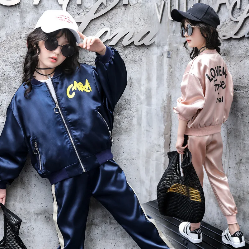 

Girls' Spring and Autumn Sport Suits Coat +pant Two Pieces of Little Kids Athletic Jacket Blue Pink Color 2-12 Ages