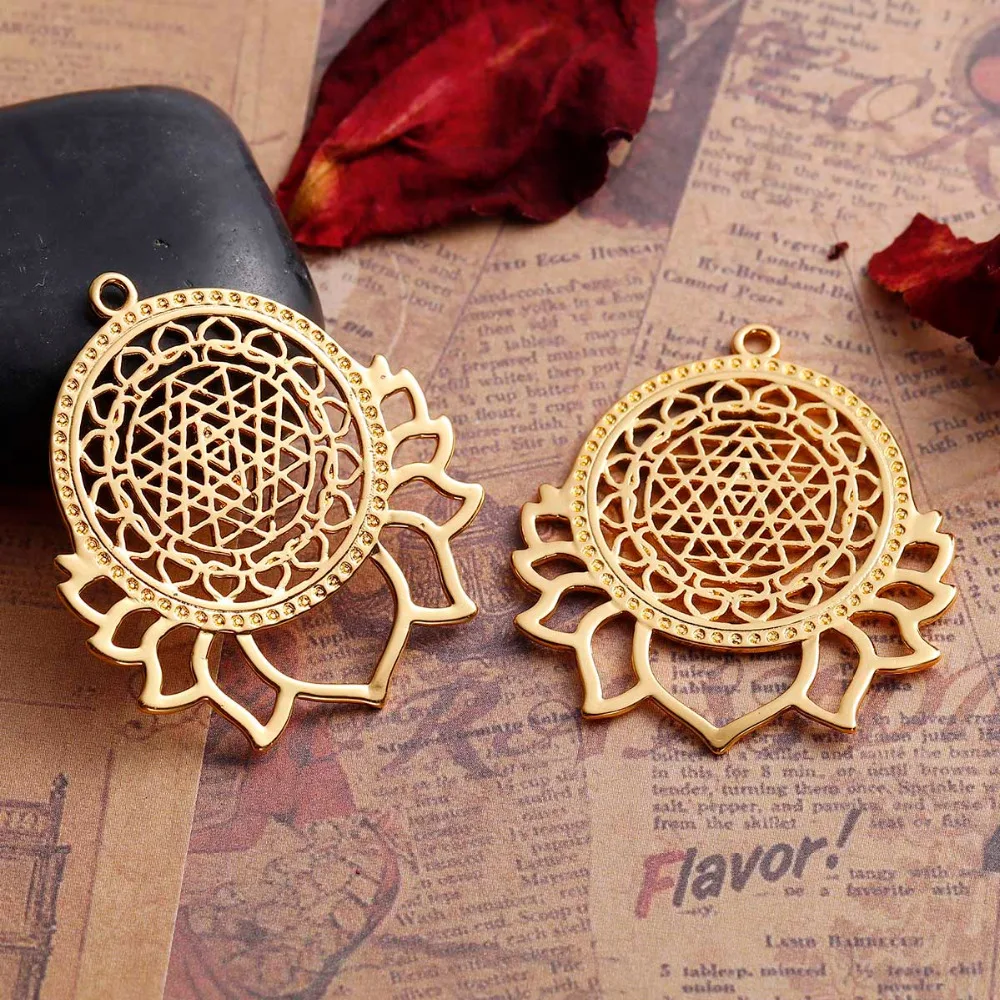 Hot Sri Yantra Meditation Pendants For Handmade Components Silver Color Lotus Hollow Flower Style DIY Jewelry Findings,1 PC