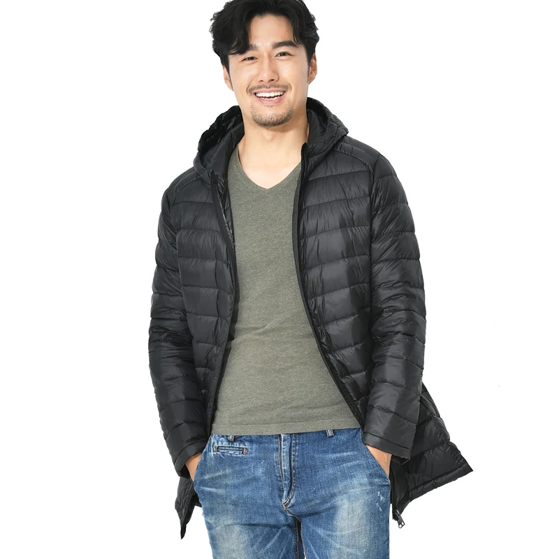 Casaco meio longo com capuz masculino 90% Duck Down Parkas, ultra leve, cor sólida, corta-roupas com zíper, casaco de outono e inverno