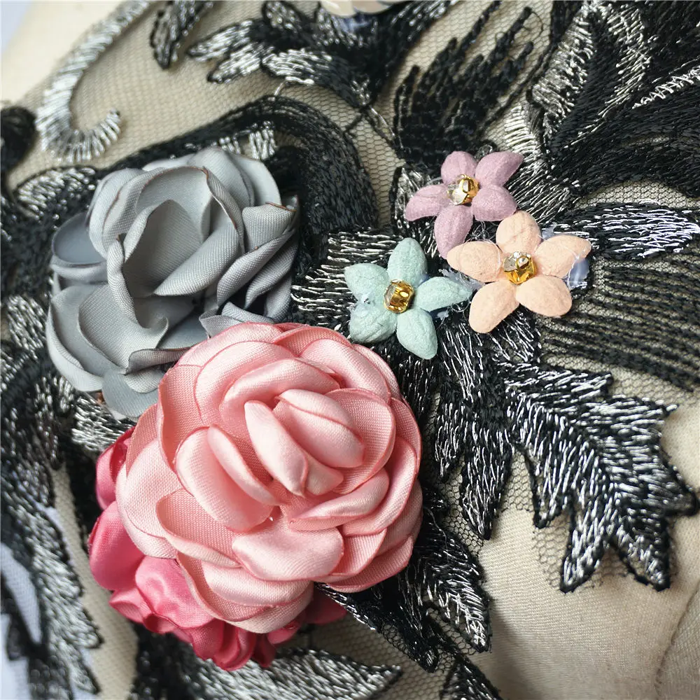 40CM Black Fabric 3D Flowers Roses Rhinestone Sequins Appliques Lace Trims Embroidery Mesh Sew On Patches For Wedding Decoration image 4