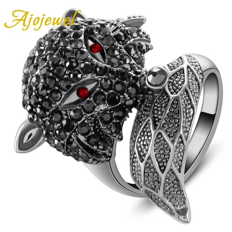 Ajojewel Black Rhinestones Men Ring Wolf Punk Animal Jewelry For Women Cool Gift Items