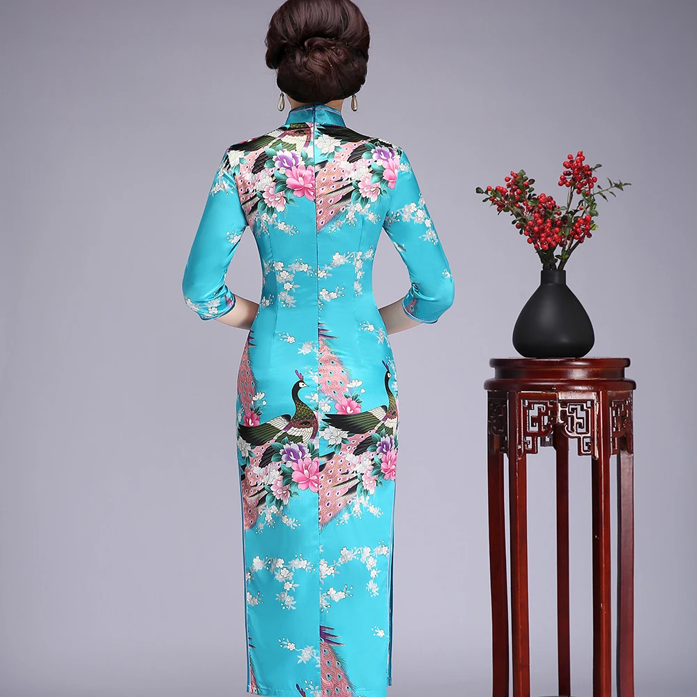 Floral&Peacock Chinese Lady Plus Size Qipao S-6XL Elegant 3/4 Sleeve High Qplit Cheongsam Print Rayon Traditional Dress Gown