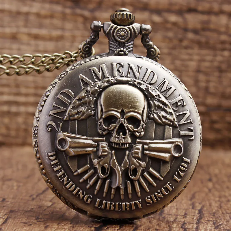 

New Arrived Fashion DEFENDING LIBERTY SINCE 1791 2nd AMENDMENT MILITARY Gun Skull Quartz Necklace Mens Women Pocket Watch Gifts