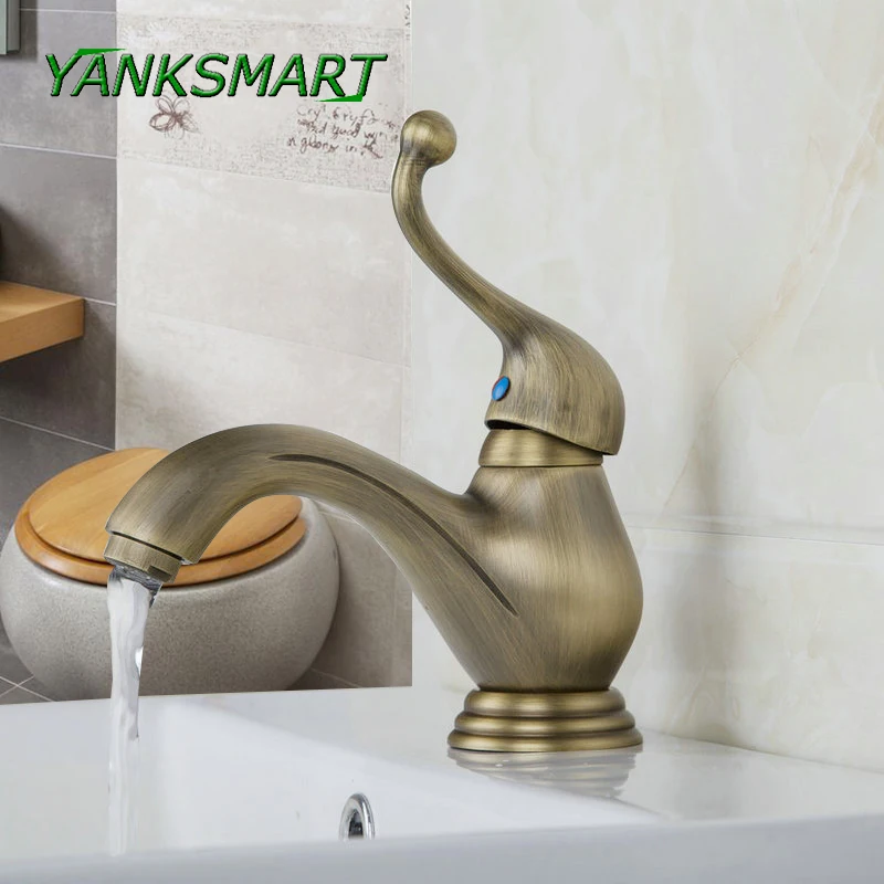 

YANKSMART Basin Faucets Antique Brass Bathroom Faucet Lavabo Tap Rotate Single Handle Hot and Cold Water Mixer Taps Crane