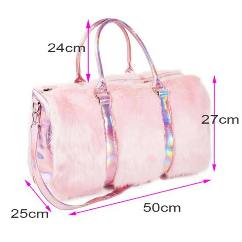 Sweet Girls Soft Rainbow Bags Faux Fur Women Tote Bags Large Capacity Laser Symphony Pink Shoulder BagsTravel Boston Bags