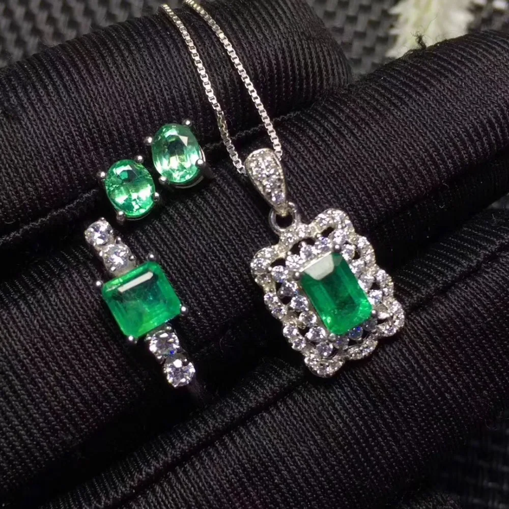 Emerald jewelry set  Natural and Real Emerald 925 sterling silver 1pc pendant,1pc ring ,2pcs Earring