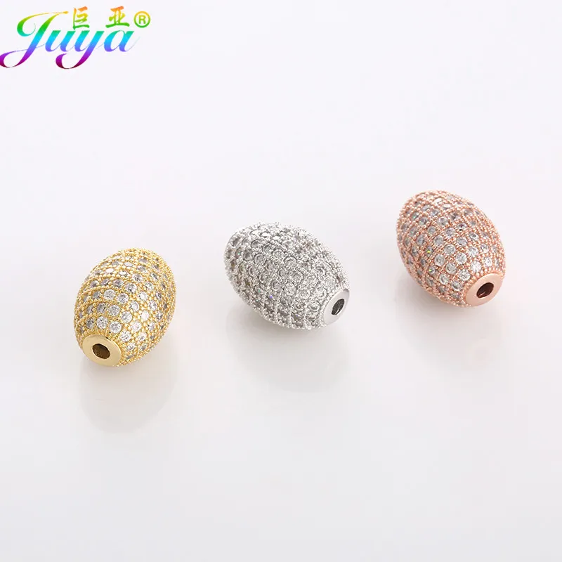 Juya Micro Pave Zircon Metal Oval Beads For Women Men Handmade Fashion Needlework Beading Jewelry Making