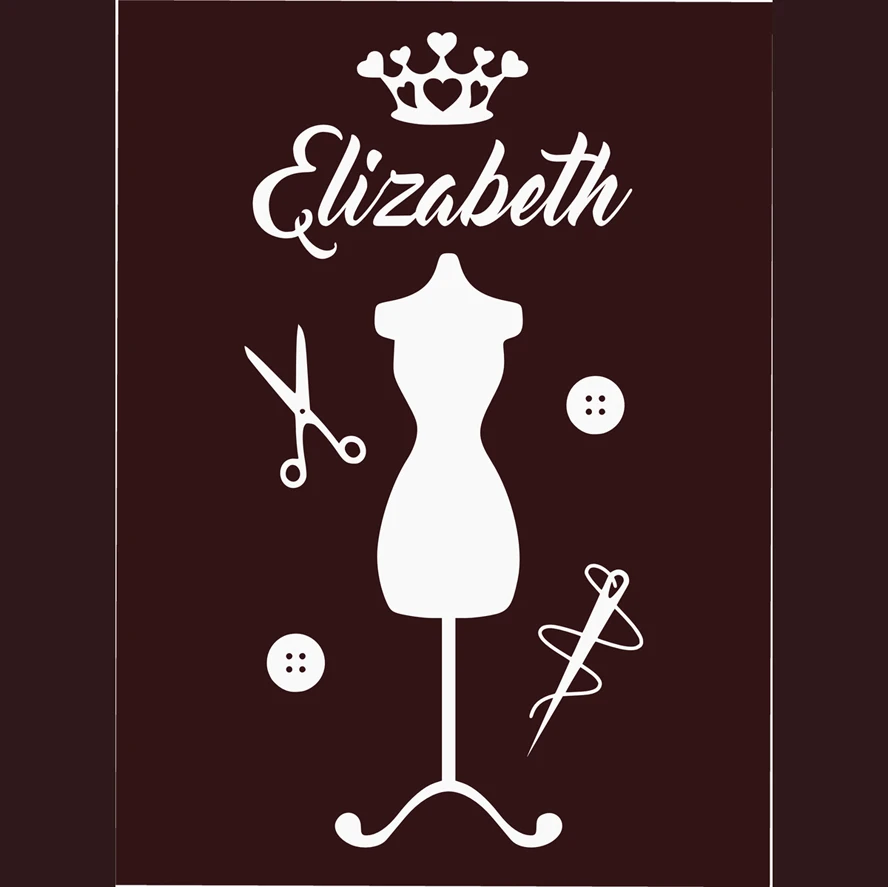 Fashion Wall Decals Girls Personalised Mannequin Crown Sewing Any Name Vinyl Wall Sticker Decal Home Door Decoration Mural S165