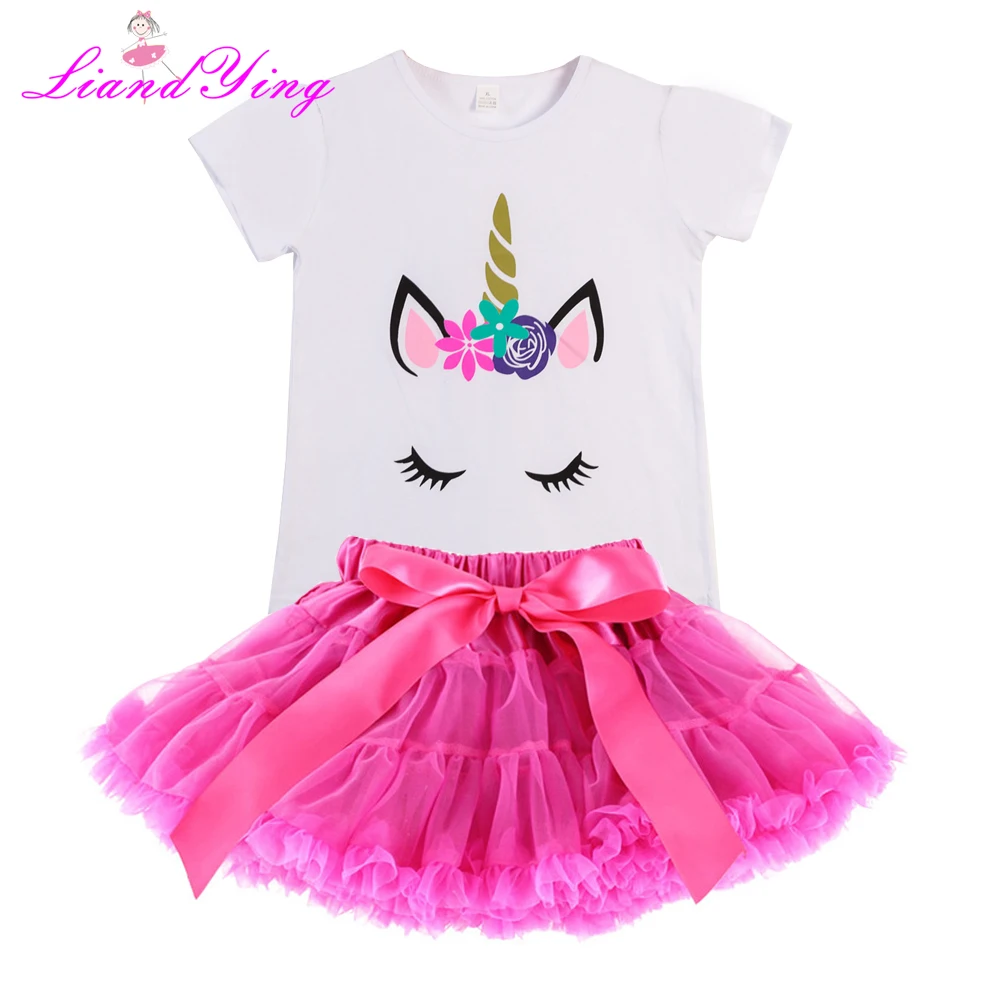 Summer Girls Clothing Sets Rainbow Casual Cotton Horse Print Short Sleeve T-shirt+Rainbow Tutu Skirts Children Kids Girl Clothes