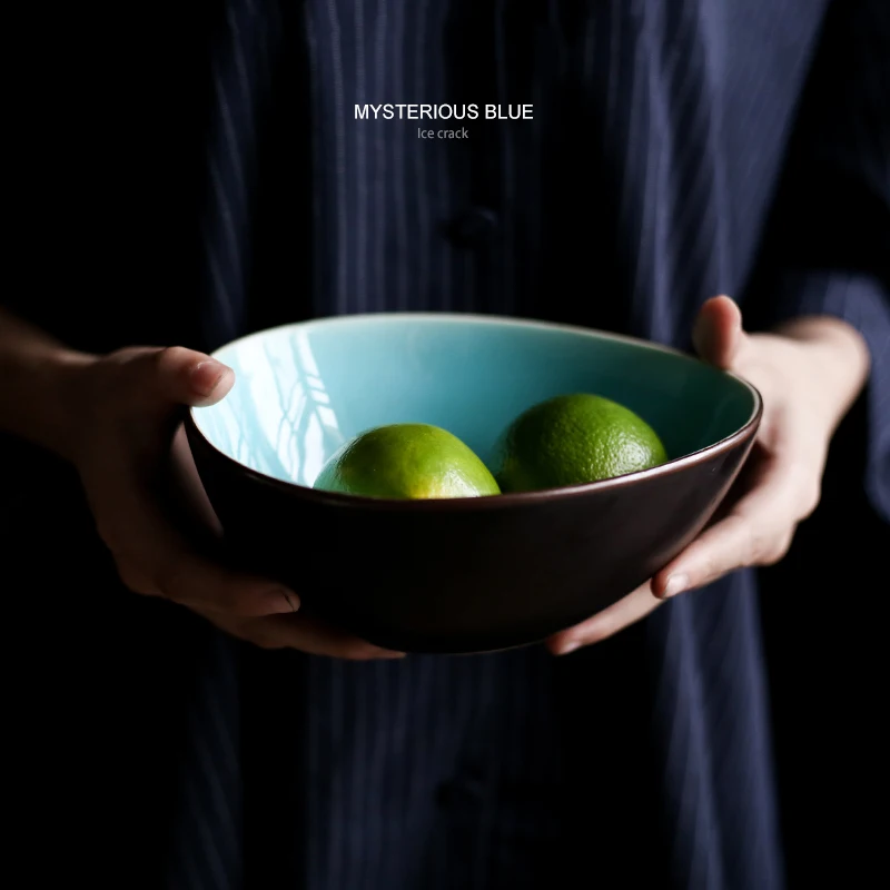 ANTOWALL Japanese ice crack glazed tableware household dish bowl ceramic fruit salad bowl blue personality bowl