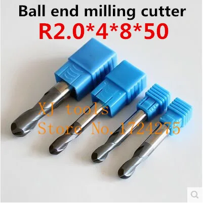 Alloy milling cutter 1PCS*2F-R2.0*4*8*50 Ball end milling cutter, Carbide milling cutter, straight shank cutter, CNC tool