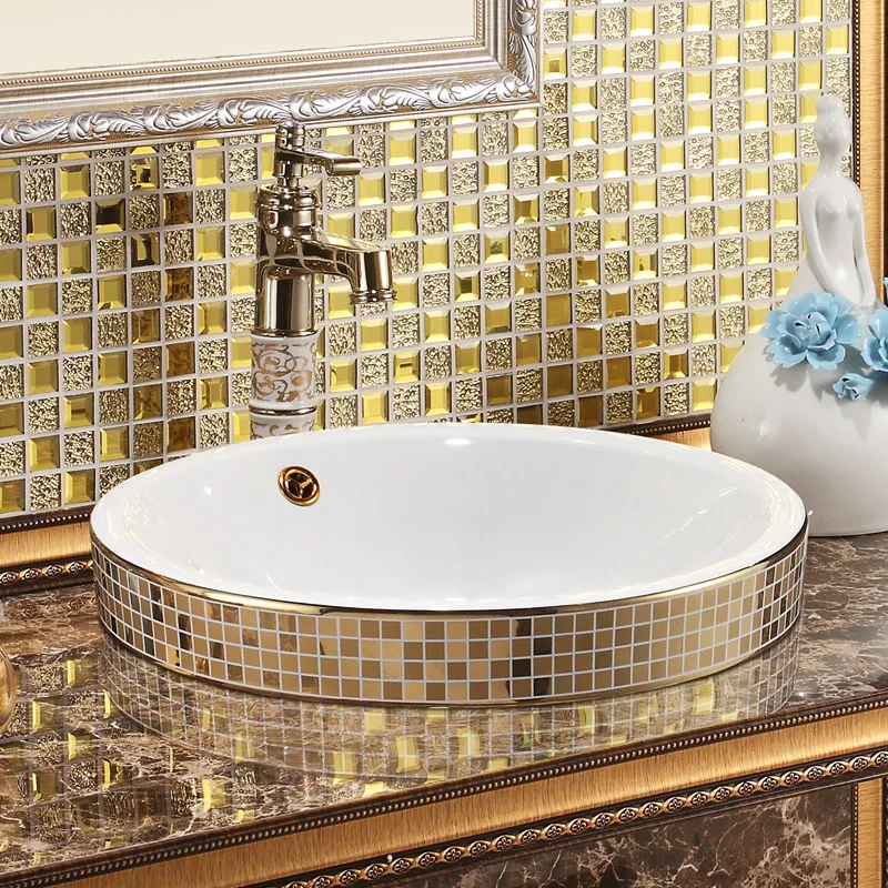 Ceramic art bowl sinks for bathrooms Gold Mosaic Ceramic Round Semi Countertop Bathroom Sink Art Basin With Overflow