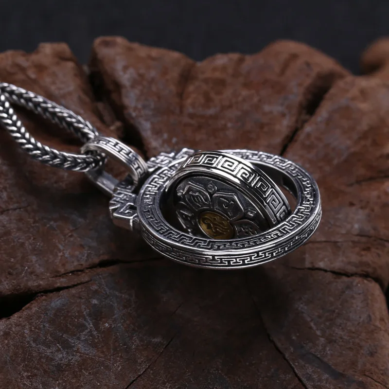 S925 Silver Six Words men and women authentic words pendant Thai silver ancient Chinese auspicious cloud transfer Pendant