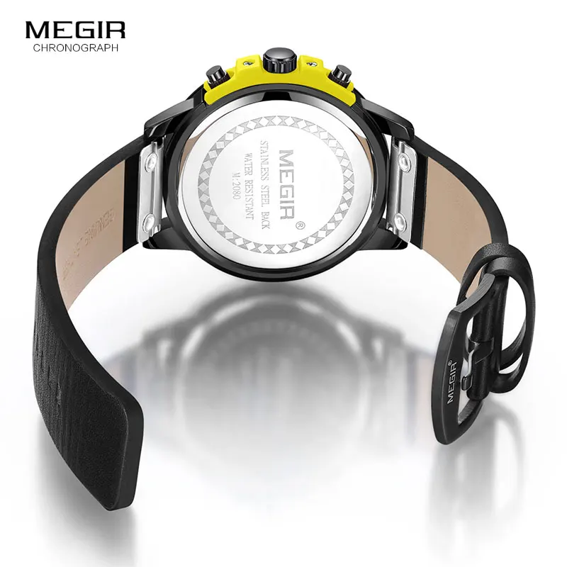 MEGIR 24 Hours Chronograph Quartz Watches Waterproof Casual Leather Wristwatch for Man Luminous Hands Sports Watch 2080 Yellow