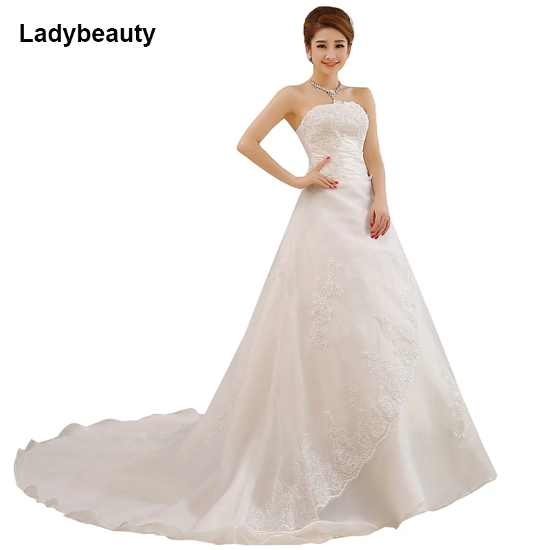 Robe De mariée personnalisée en Satin, coupe trapèze, avec longue traîne, sans manches, sans bretelles, Size2-28W