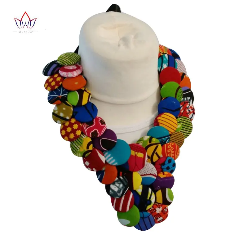 

2020 Hot Sale Handmade Geometric Ankara Button Bib Cotton Necklace African Print Button Bib Necklace For Women Rope Chain WYA054