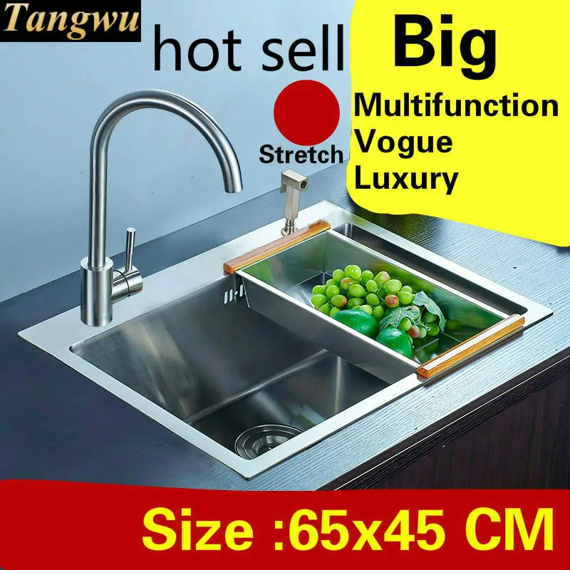 

Free shipping Apartment big kitchen manual sink single trough multifunction do the dishes 304 stainless steel hot sell 65x45 CM