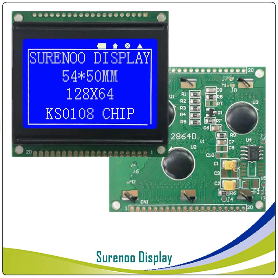 2.0" 54X50MM Graphic Matrix LCD Module Display Screen 12864 build-in KS0108 Controller Gray Blue with White LED Backlight