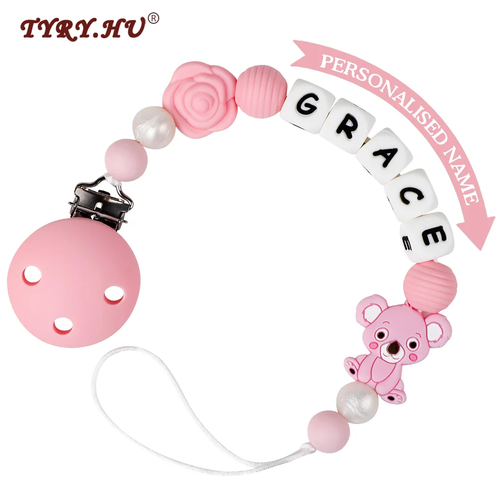 TYRY.HU Personalised Name Teething Dummy Clips Pacifier Chain Holder Silicone Koala Beads BPA Free For Baby Shower Gift